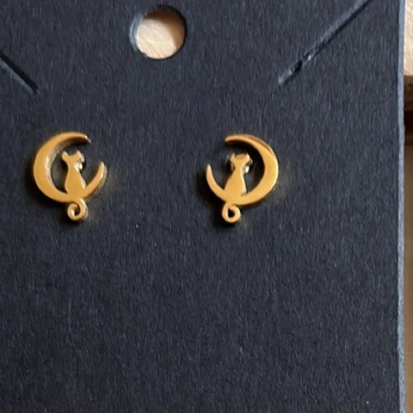 Stainless Steel Cat on Crescent Moon Stud Earrings | NEW Gold - Picture 2 of 7